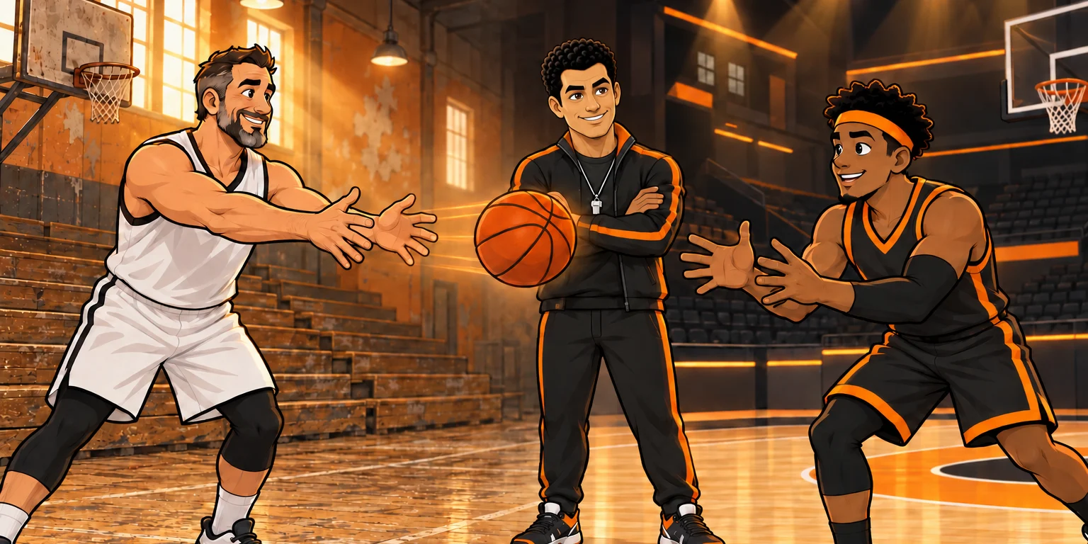 A veteran in a white jersey passes a basketball to a young adult in black and orange as Coach Buzz watches in a gym transitioning from worn wooden bleachers to a renewed arena.